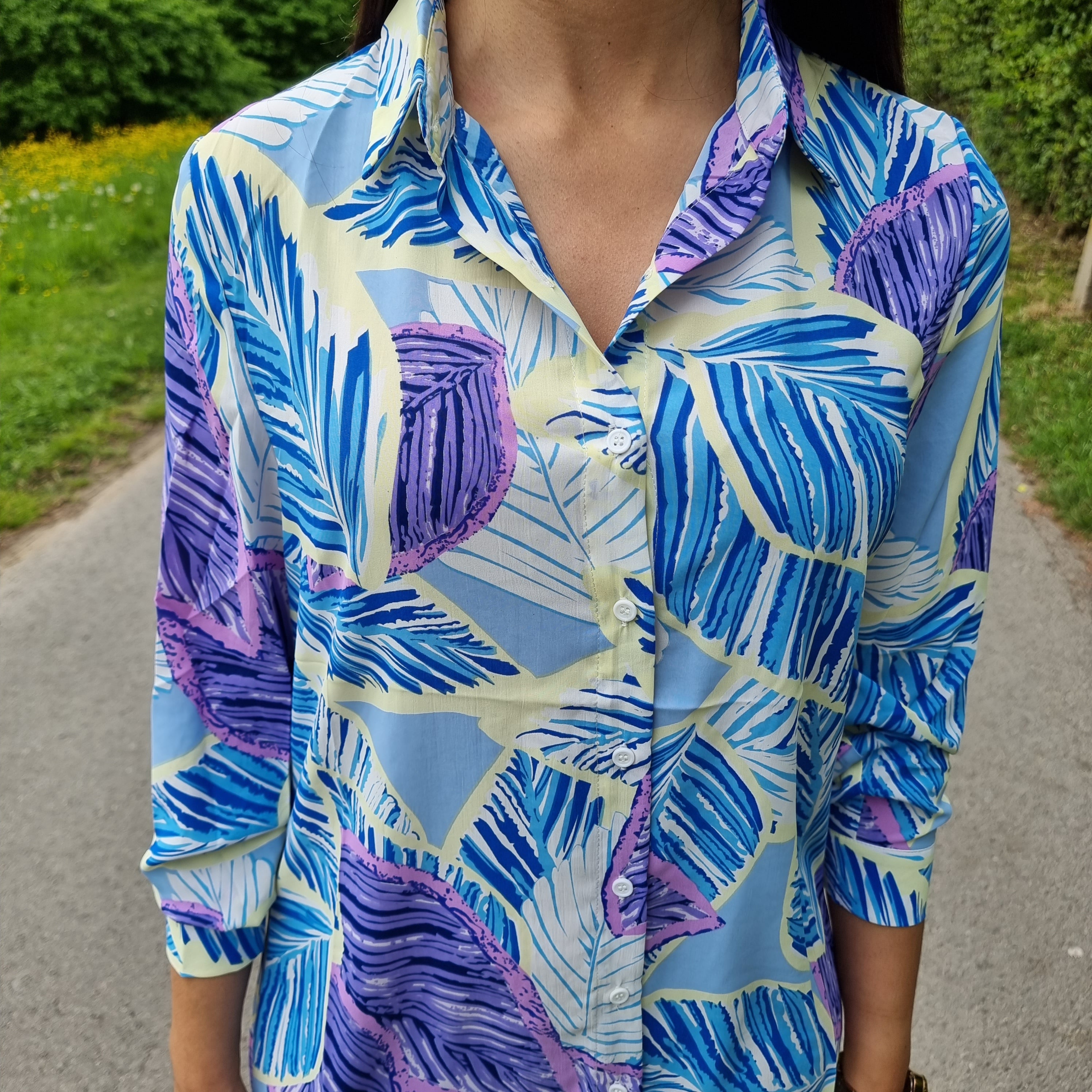 Camille blue leaves printed shirt dress